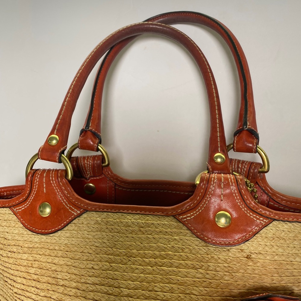 Coach Straw Leather Flower Tote Bag Beige Orange Summer Woven Beach Coastal Boho - Picture 3 of 15